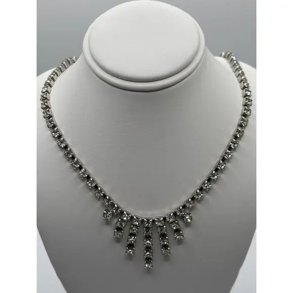 VTG Rhinestone Necklace Clear Dangle Silver Tone J1-3026 - Picture 5 of 9